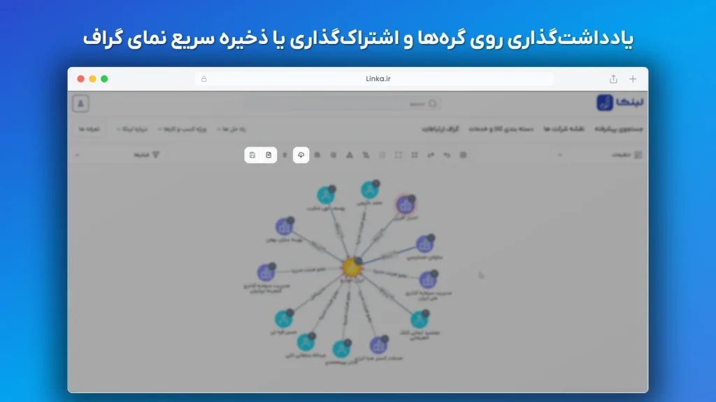 بخش مدیریت یادداشت‌ها و دکمه‌های اشتراک‌گذاری گراف در محیط ابزار لینکا