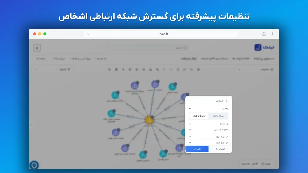 پنجره تنظیمات گسترش شبکه در گراف ارتباطات لینکا برای تعیین نوع و عمق ارتباطات