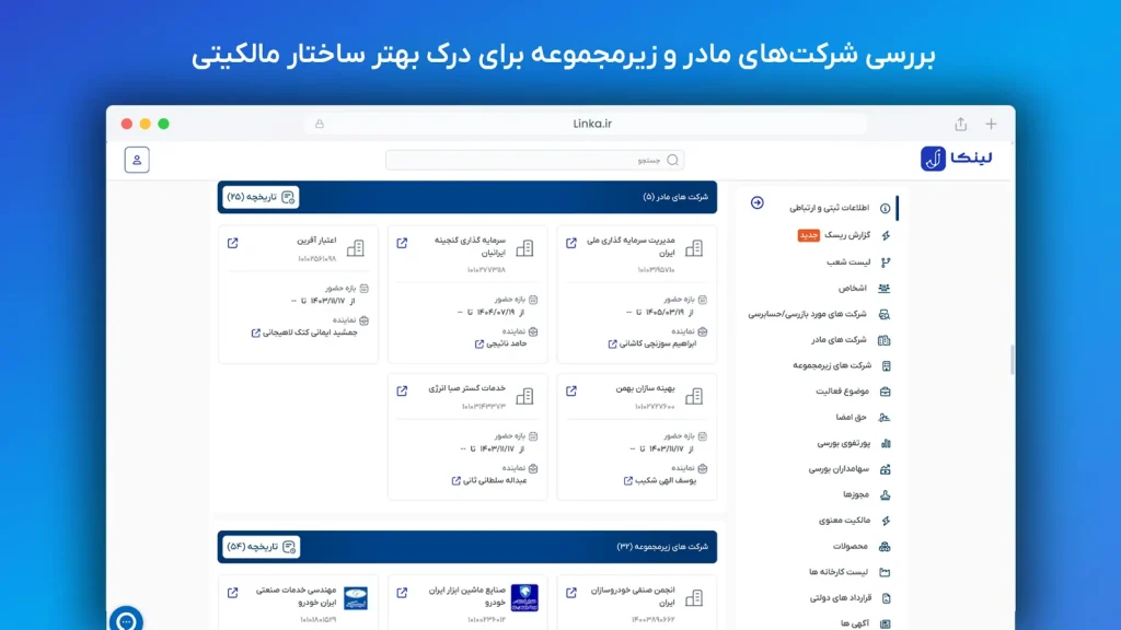 بخش شرکت‌های مادر و زیرمجموعه در پروفایل شرکت لینکا